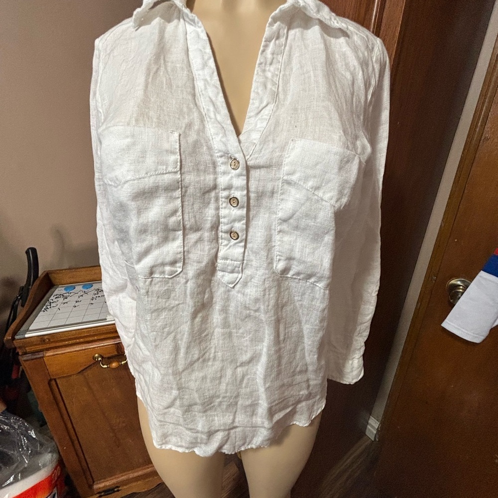 Zara 1/4 button down all linen crispy white small  Beachy nautical cowgirl shirt - Picture 5 of 7